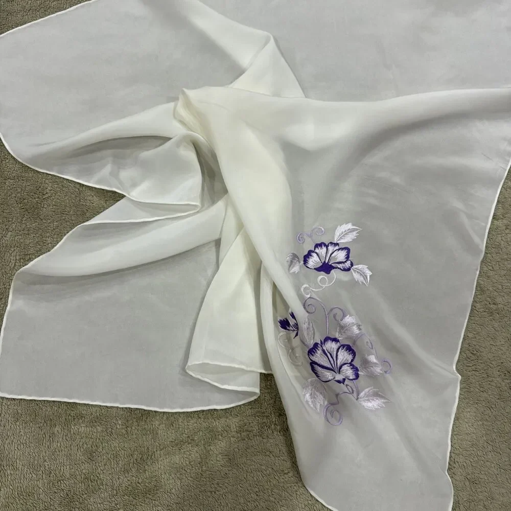 Vintage Crepe De Chine Hand Rolled Scarf Purple Flowers